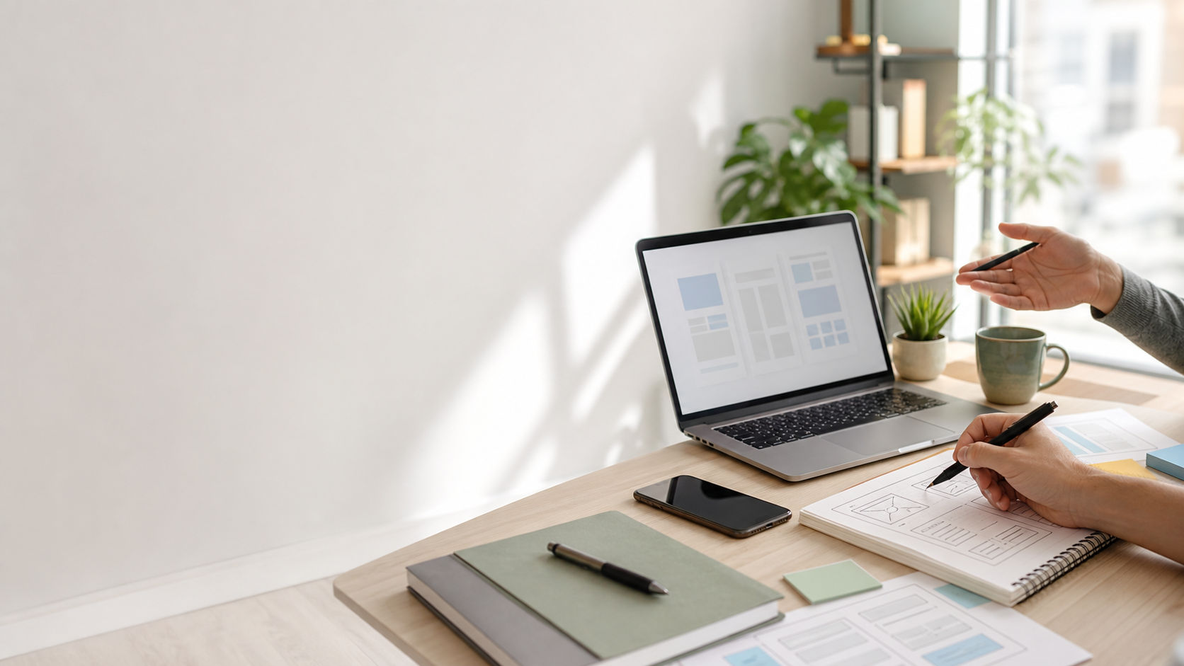 A bright workspace with a laptop, notebooks, simple planning materials, and a friendly software consultation setting.
