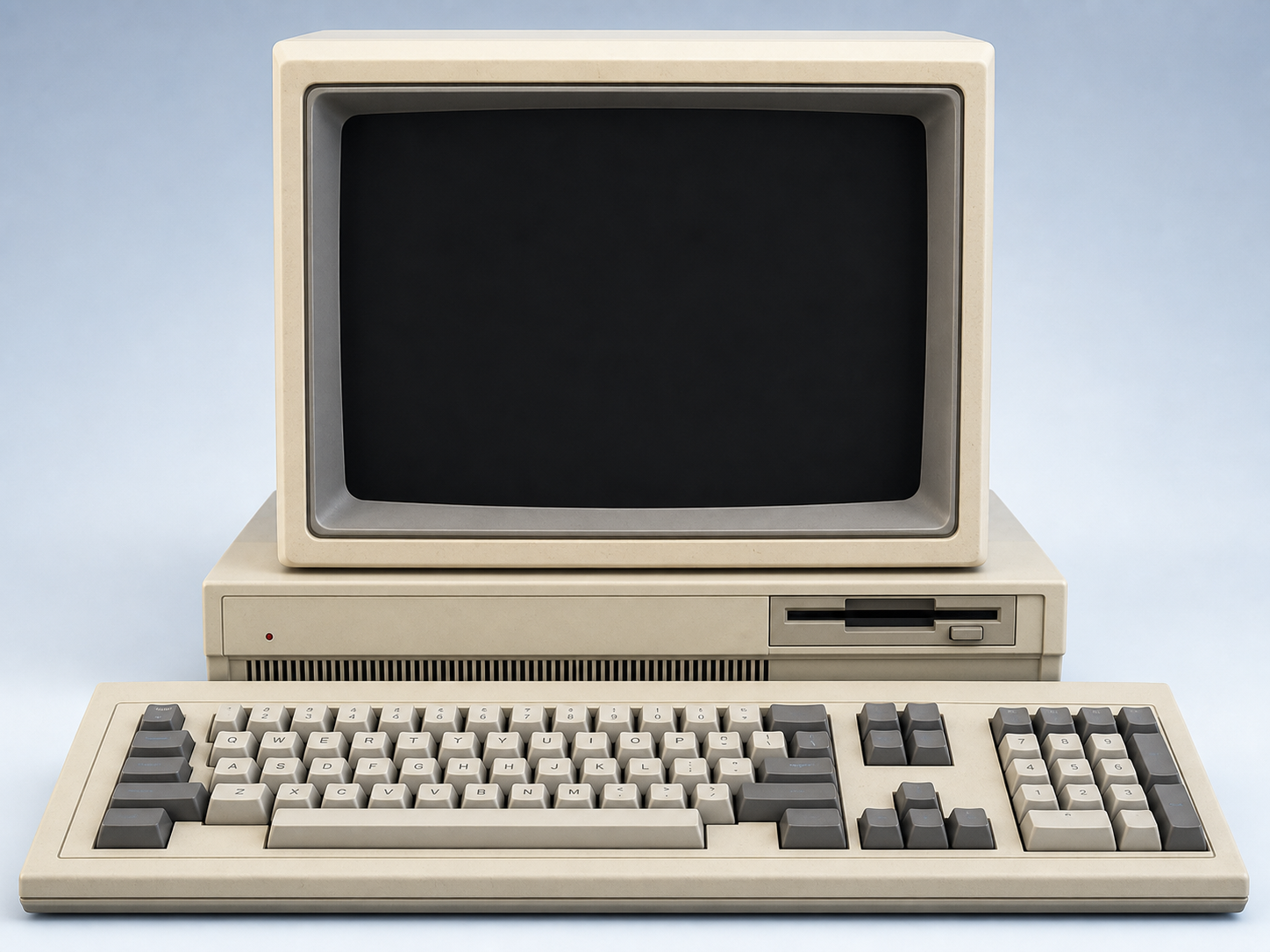 A realistic ivory retro computer with a CRT display and large mechanical keyboard.