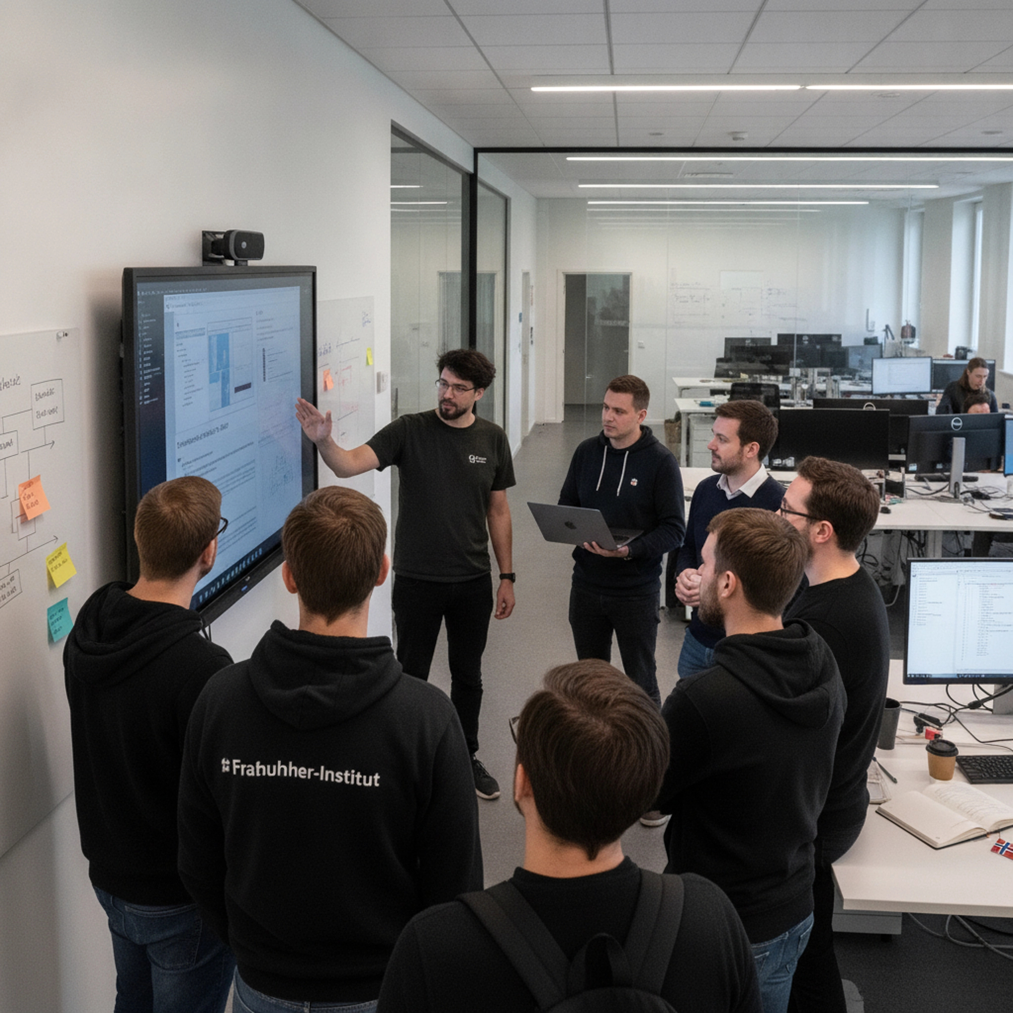 A software team reviewing a project together on a large display in a bright office.